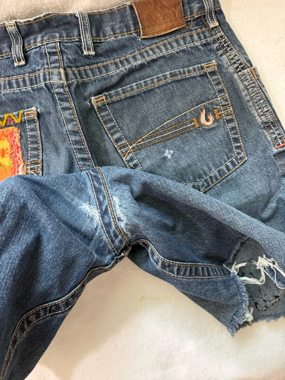 Upcycled Boho Jean Shorts Hand-Stitched Embroidered Puppy Patchwork Raw Hem Lg